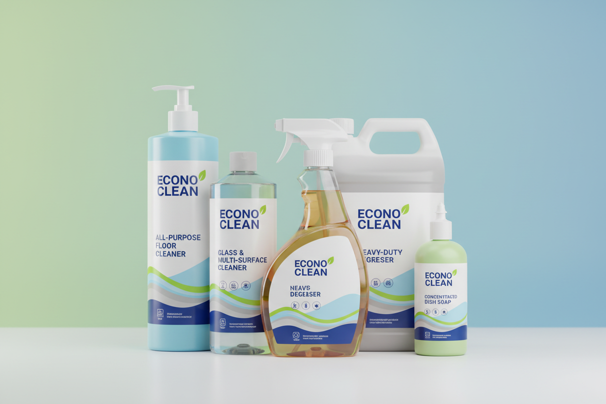 Econo clean branded premium industrial and home chemicals with light green and light blue background colour