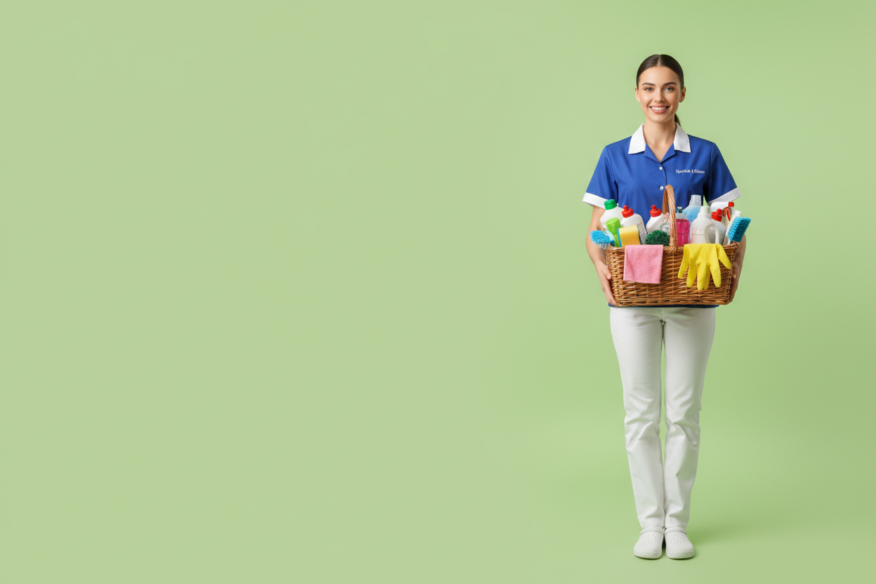 lady with cleaning basket with chemicals and background colour of the image is light green. lady with cleaning basket should be right side of the image